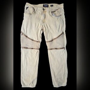 Seven Souls Moto Pants Streetwear Ribbed Zippers 32x28 Actual Stretch Waist Tan